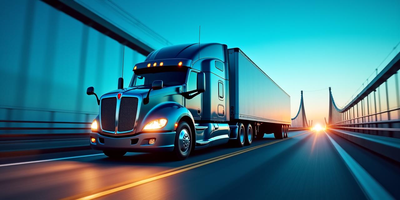 Modern logistics semi-truck driving through a technological hub